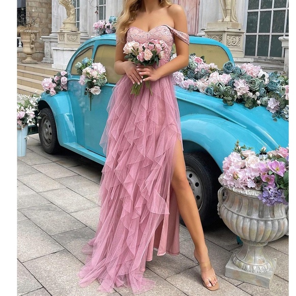 Luxe Pink Floral lace Off Shoulder Tulle Party Wedding Prom Dress - Picture 4 of 5